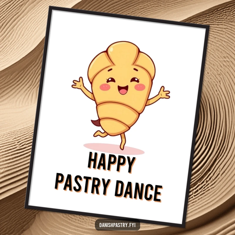 Funny almond croissant character poster, joyfully performing a happy jig, bringing cheerful pastry-themed art and playful energy to walls.
