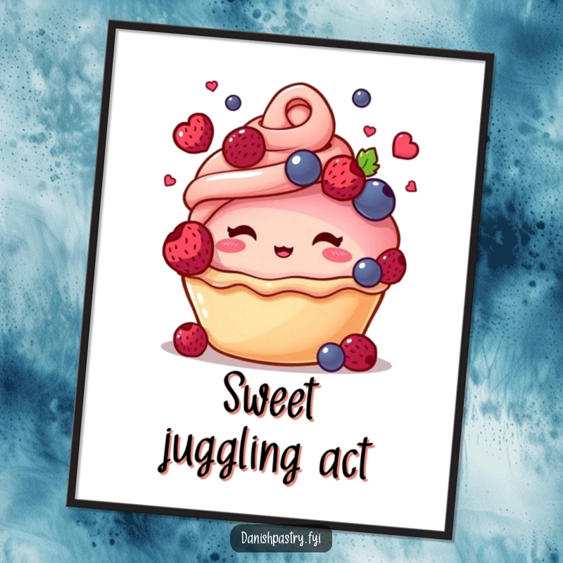 Funny poster showcasing a blushing pastry with a swirl top, caught mid-juggle with tiny berries, creating a whimsical wall display.