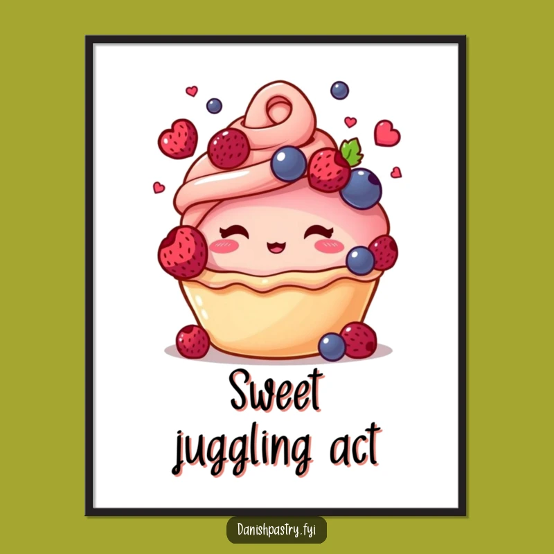 Funny Blushing Pastry Juggling Berries Poster - Whimsical Wall Art Gift