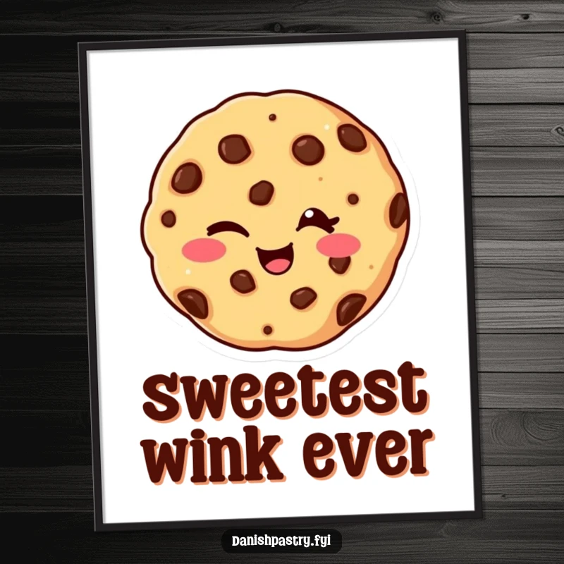 Funny wall art poster of a giggling chocolate chip cookie winking playfully, adding a touch of sweet humor to any room.