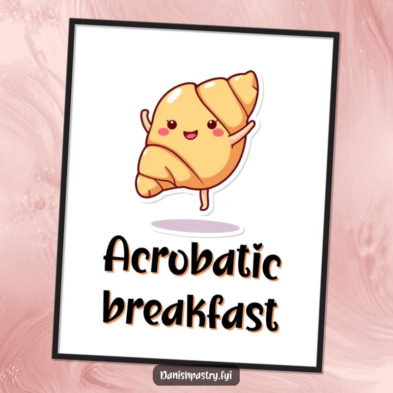 Funny croissant mid-cartwheel, vibrant and full of life, presented as cheerful wall art for a happy home.