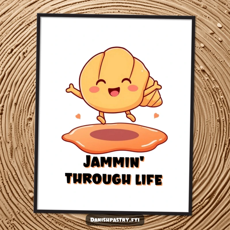 Funny poster print of a happy croissant with legs mid-air, leaping over a jam puddle. Playful and whimsical pastry illustration.