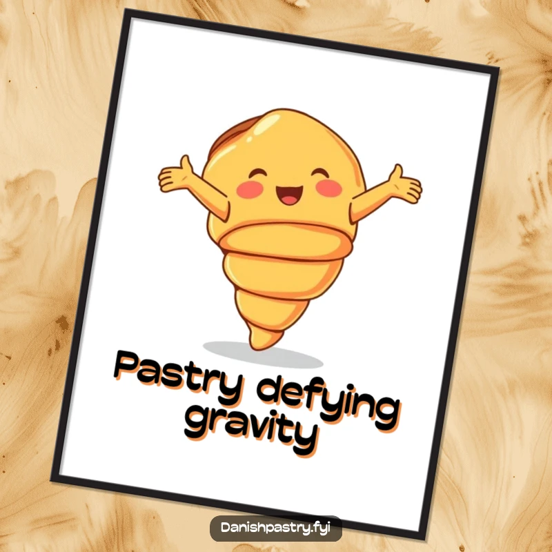 Funny Poster of a smiling croissant performing a joyful cartwheel, ideal whimsical wall art.