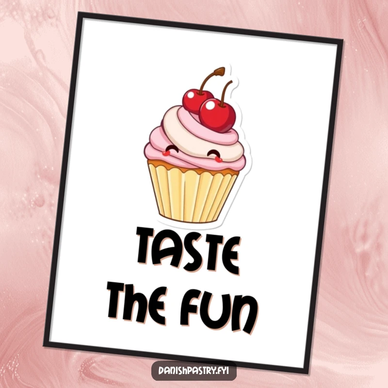 Funny delighted cupcake with frosting bouncing a large cherry, a sweet and whimsical piece of wall art.