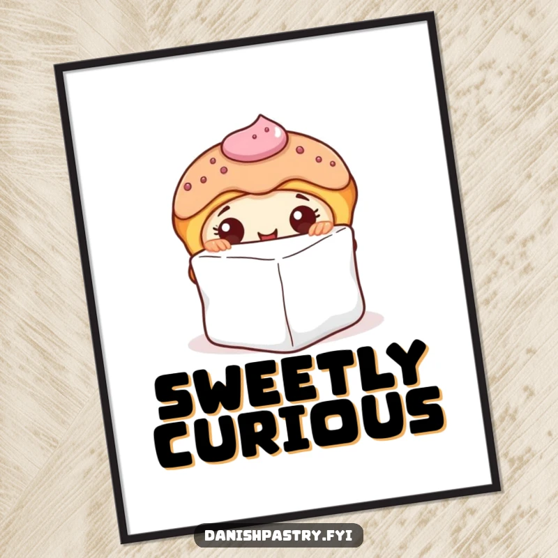 Funny poster featuring a curious Danish pastry with icing, peeking playfully from behind a sugar cube, creating a whimsical scene.