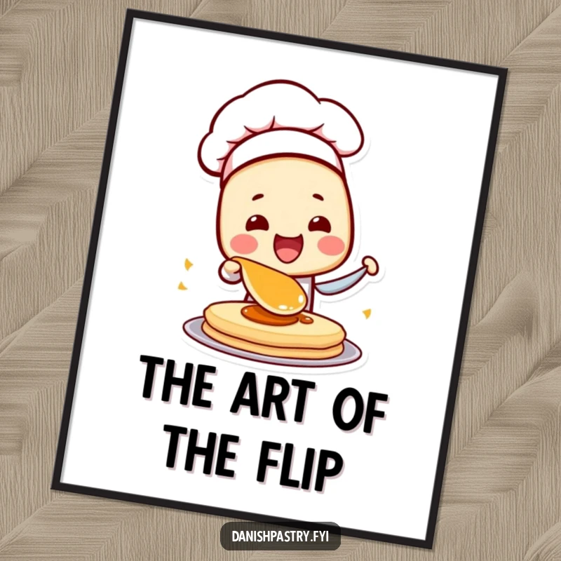 Funny Danish Pastry Chef Poster print of a character flipping a pancake, perfect for adding vibrant and humorous culinary art.