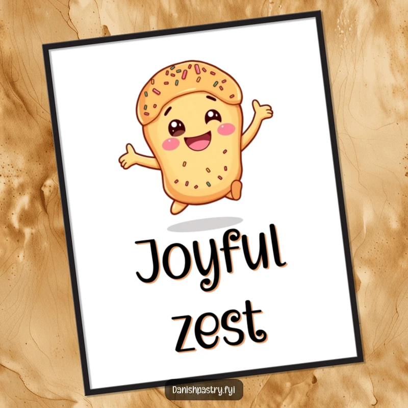 Funny Danish Pastry Leap Poster with a smiling, leaping pastry covered in sprinkles, adding humorous art to decor.