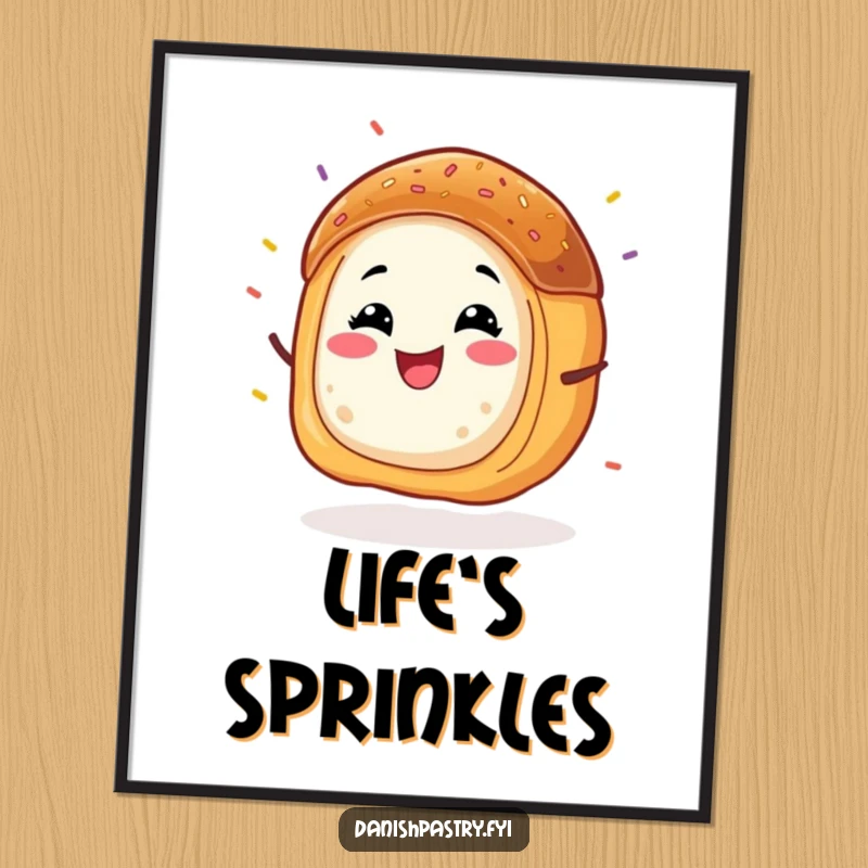 Funny Danish pastry poster art, a grinning character doing an energetic wiggle with colorful sprinkles flying, adding fun decor.