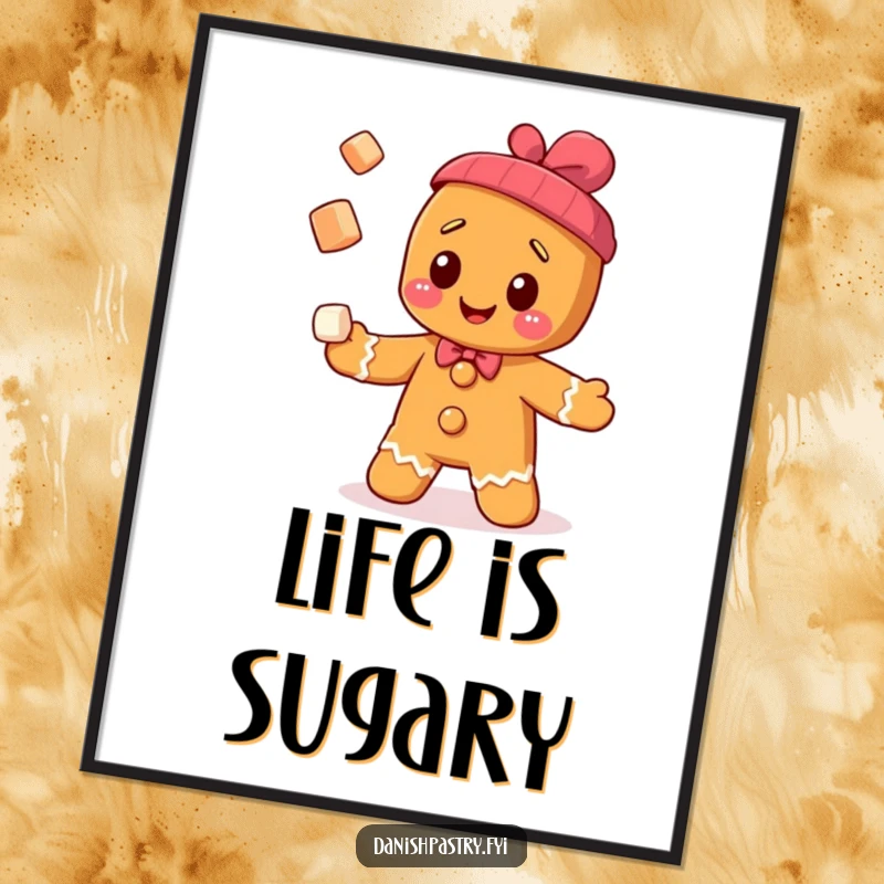 Funny cheerful gingerbread man character juggling sugar cubes, presented as delightful wall art, perfect for kitchens.