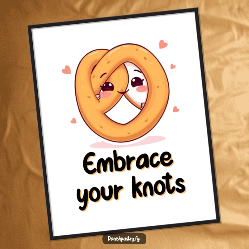 Funny poster art print of a happy pretzel character twisting in a lively, playful pose, bringing cheerful snack vibes.