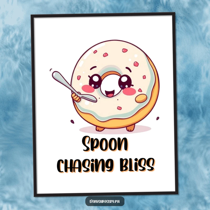 Funny Poster: A delighted jelly donut with sparkling eyes humorously chases a tiny spoon, a whimsical and eye-catching wall decoration.