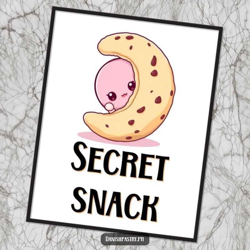 Funny macaroon character peeking from behind a cookie, as a curious and hilarious dessert art print poster.