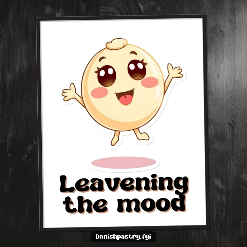 Funny Poster of a round pastry character with wide eyes, mid-air in a delightful, joyous jump. Whimsical wall decor for a cheerful atmosphere.