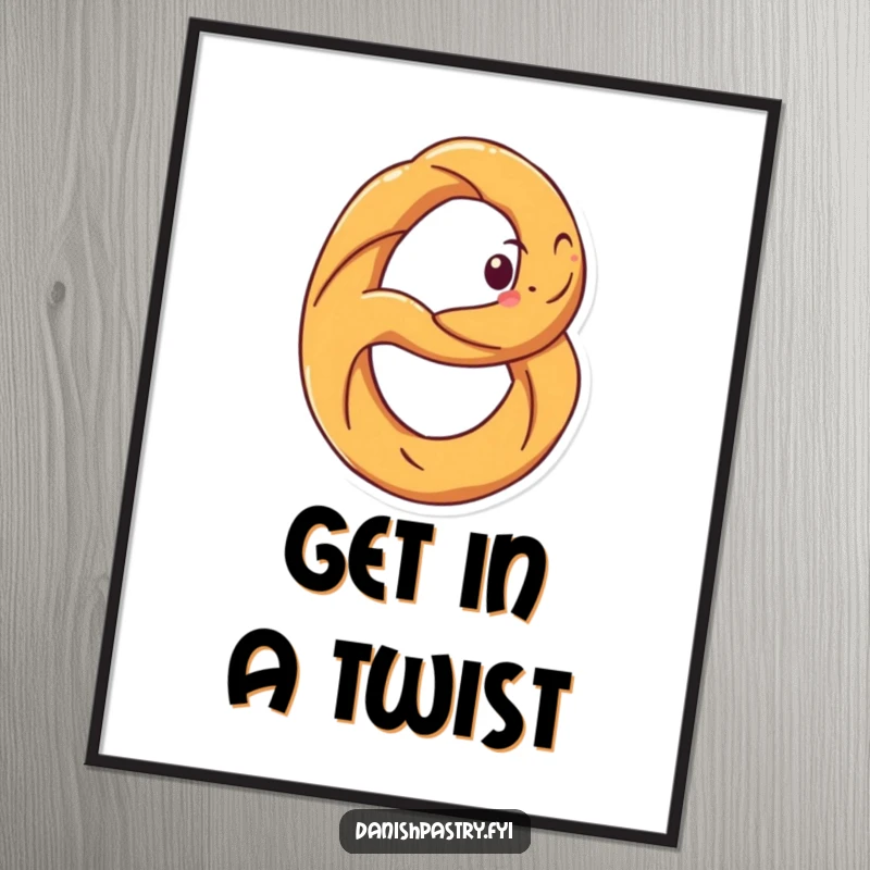 Funny poster print of a grinning pretzel spinning dynamically. Whimsical and humorous snack-themed wall art.