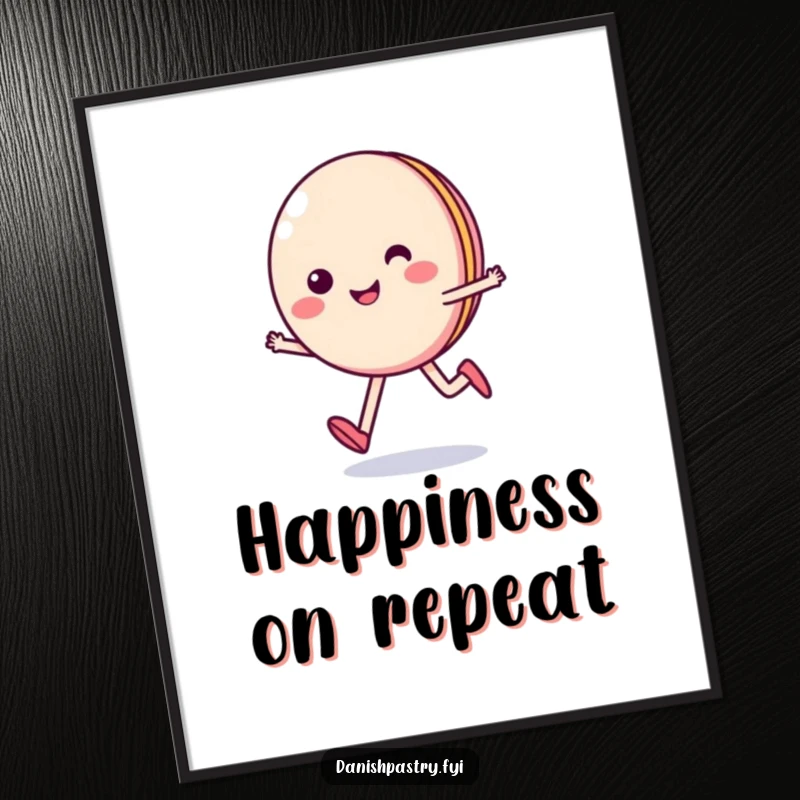 Funny poster art print of a smiling macaron character skipping happily, bringing sweet, cheerful vibes to any space.