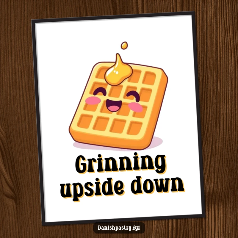 Funny waffle poster capturing a delighted character grinning upside down with syrup, creating a scene of delicious, humorous breakfast.