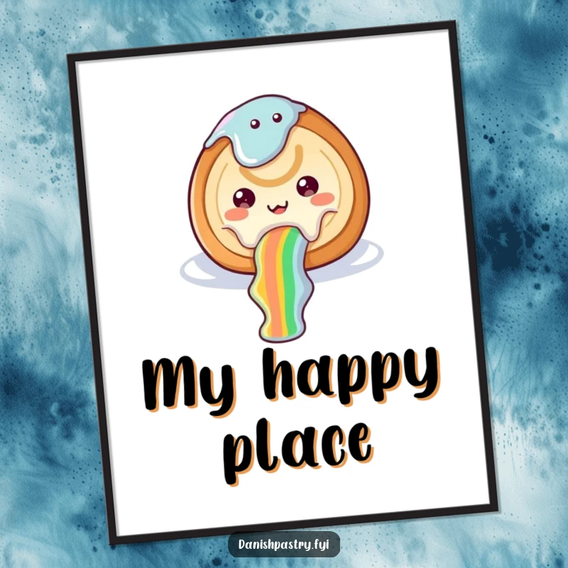 Funny cinnamon roll poster featuring icing sliding down a rainbow, creating a whimsical and cheerful dessert art piece.