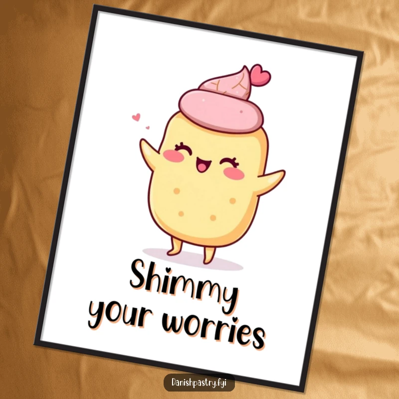 Funny poster art print of a giddy scone character doing a little shimmy, bringing happy baking vibes to any room.