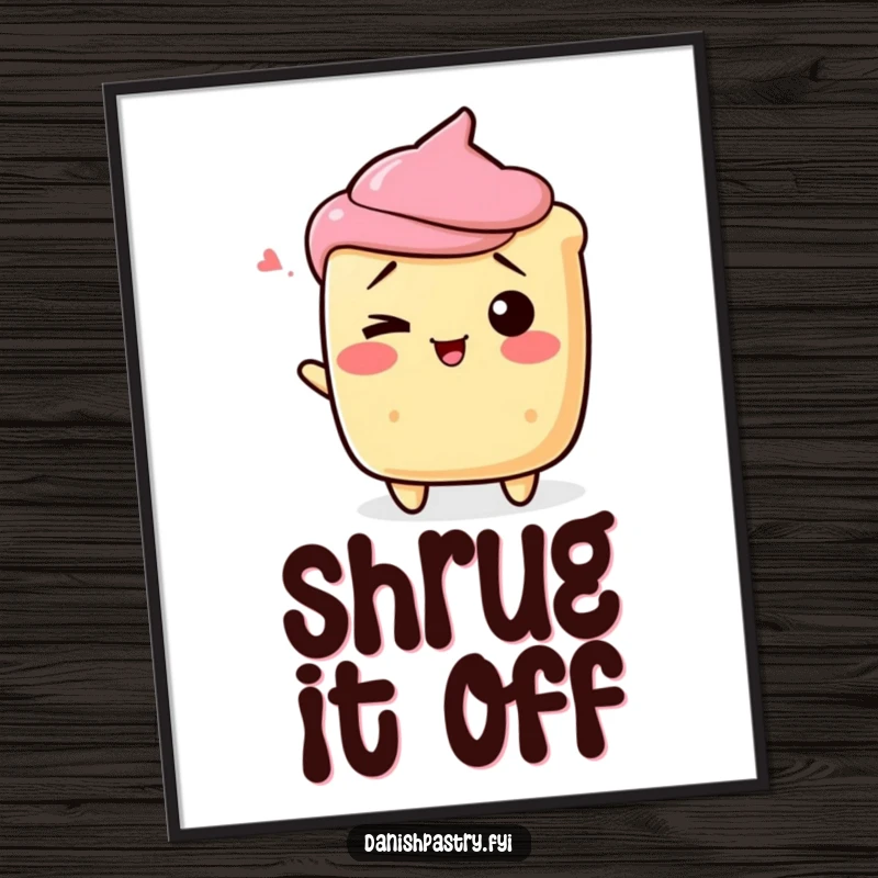 Funny scone character shrugging playfully with a wink, as a hilarious dessert art print poster.