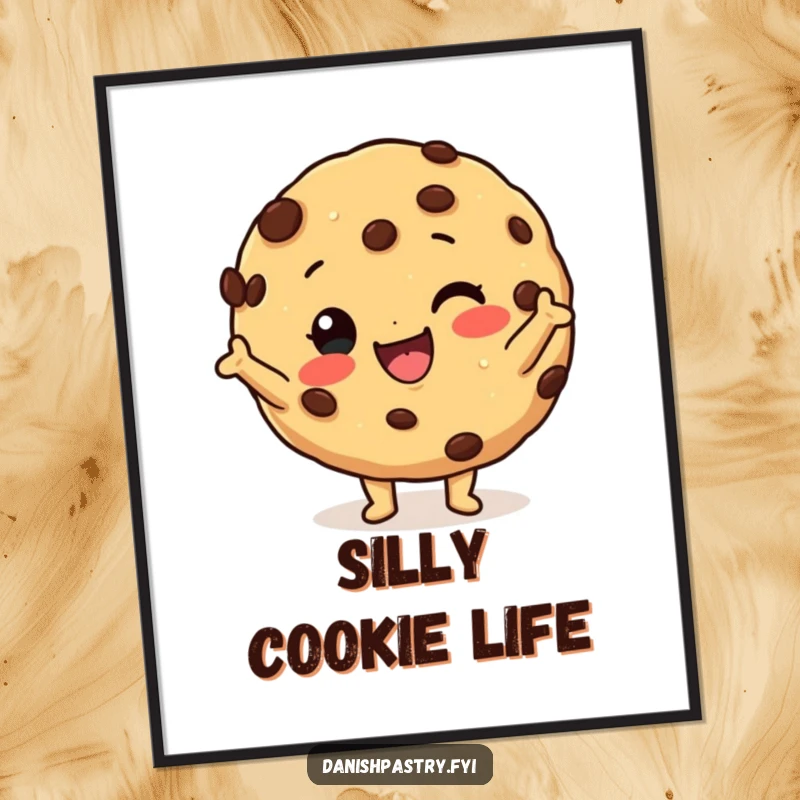 Funny cookie poster capturing a happy character with chocolate chips striking a silly pose, creating a scene of delicious, humorous delight.