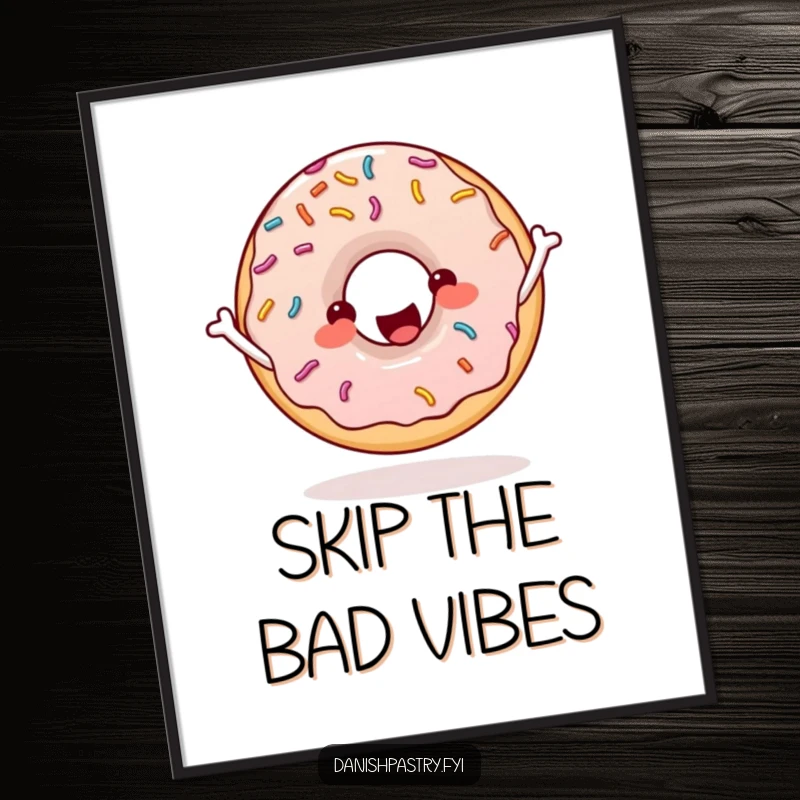 Funny donut with sprinkles skipping rope enthusiastically, a cheerful and energetic piece of wall art.