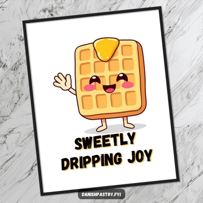 Funny wall art print of a smiling waffle with syrup dripping, waving enthusiastically, adding a cheerful touch.