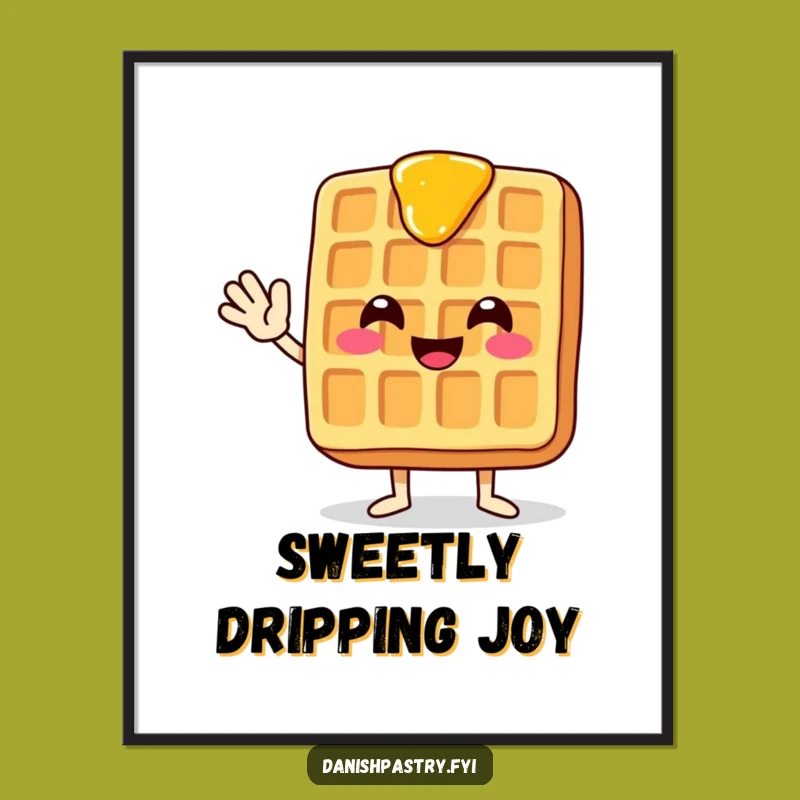 Funny Waffle Art Print - Syrup Dripping Waving Wall Decor Gift