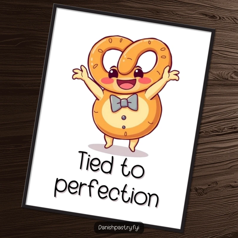 Funny grinning pretzel with a bow tie performing a playful somersault, a fun and artistic wall decoration.