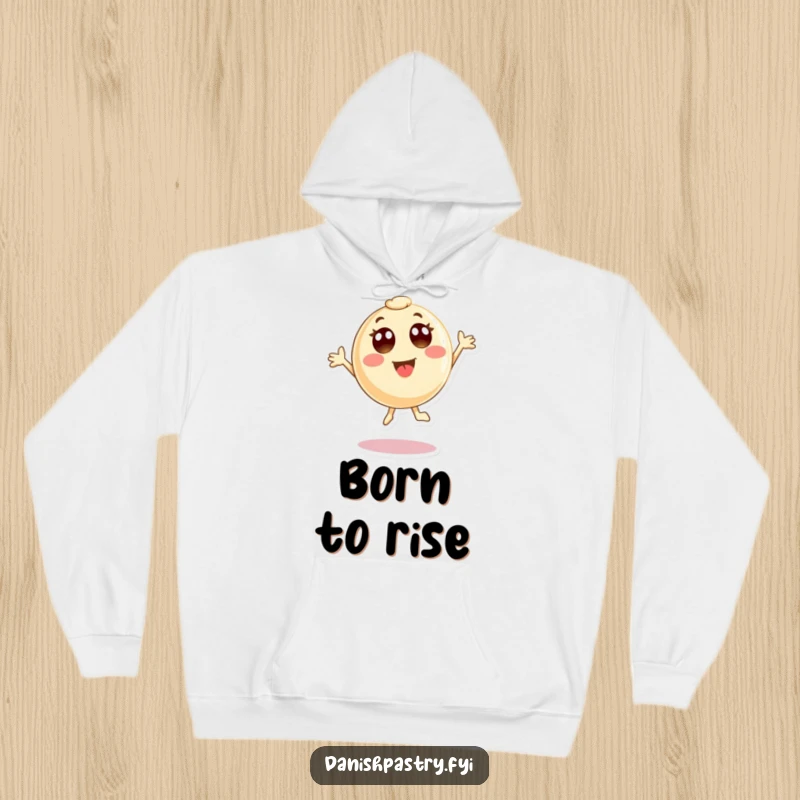 Funny Hoodie with a round pastry character jumping joyfully, wide eyes expressing pure delight. A warm and humorous apparel choice for pastry fans.