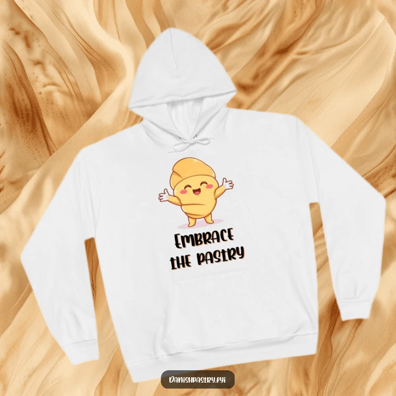 Funny Croissant Hug Hoodie with a smiling character offering open arms, providing warmth and a touch of hilarious pastry comfort.
