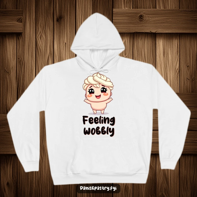 Funny smiling Danish with whipped cream hair doing a silly wobble with glee, a warm and humorous hoodie for cozy moments.
