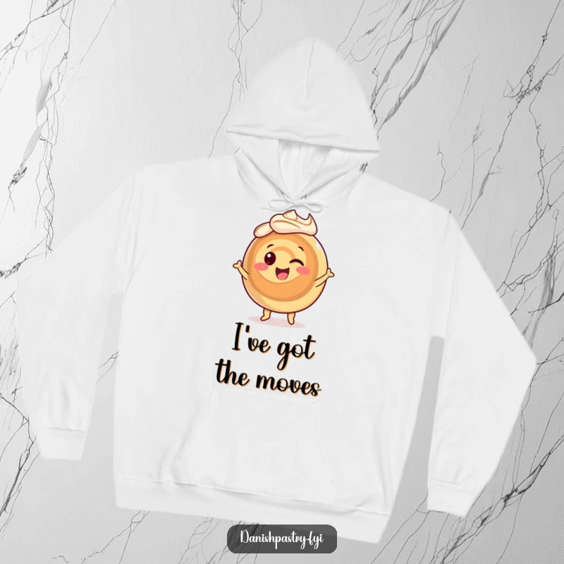 Funny cinnamon roll hoodie featuring a happy, dancing pastry with swirling icing, showcasing sweet, energetic vibes.