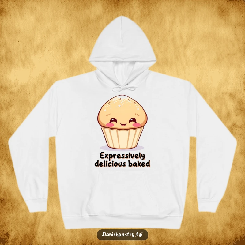 Funny muffin hoodie, sugar-dusted character making a funny face, a cozy and humorous wearable.