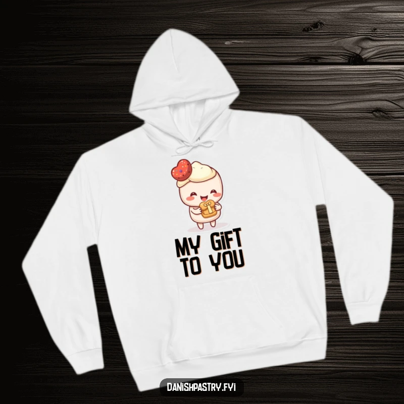 Funny Hoodie featuring a happy pastry character offering a miniature pastry as a thoughtful gift. Cozy and heartwarming apparel.