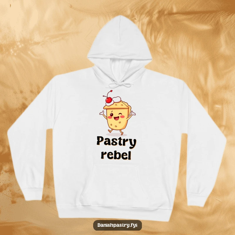 Funny pie character doing a joyful dance with a cherry on top, featured on a cozy and hilarious dessert hoodie.