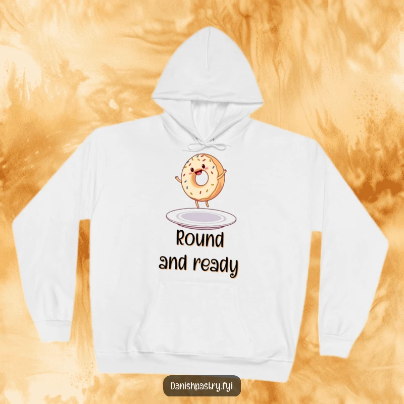 Funny Hoodie: A cheerful donut with sprinkles does a cartwheel on a plate, perfect for cozy, humorous relaxation.