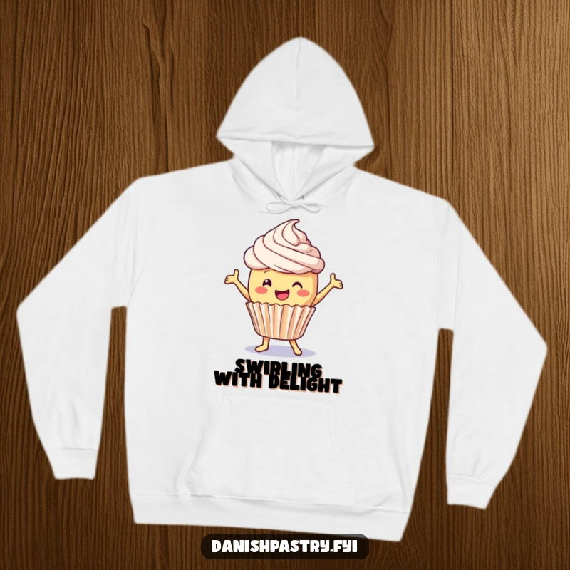 Funny Hoodie: A delighted cupcake with frosting dances playfully, perfect for cozy, humorous moments.