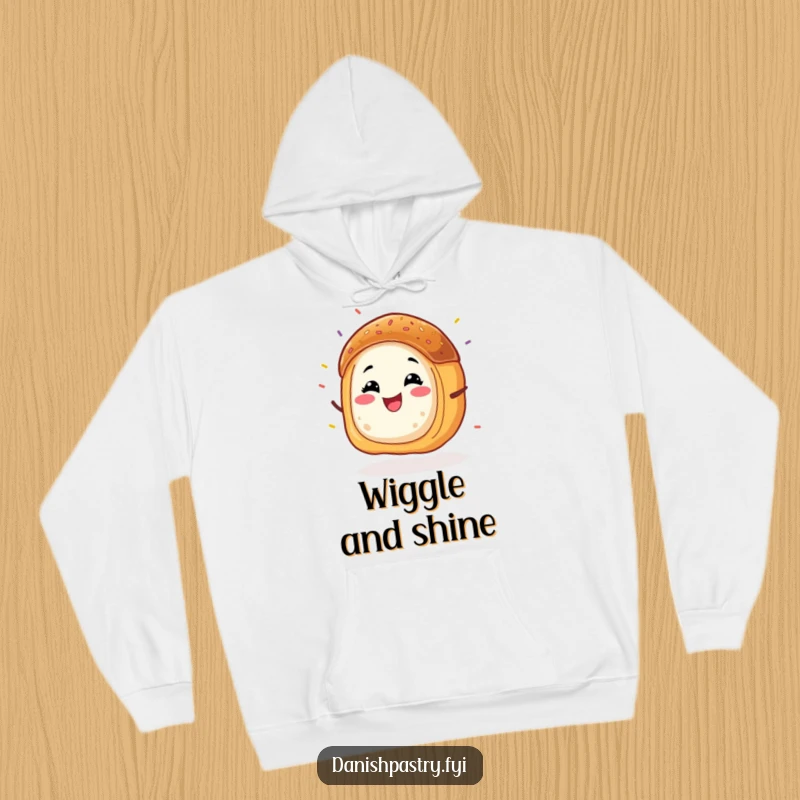 Funny Danish pastry hoodie featuring a grinning character energetically wiggling with sprinkles flying, radiating fun.