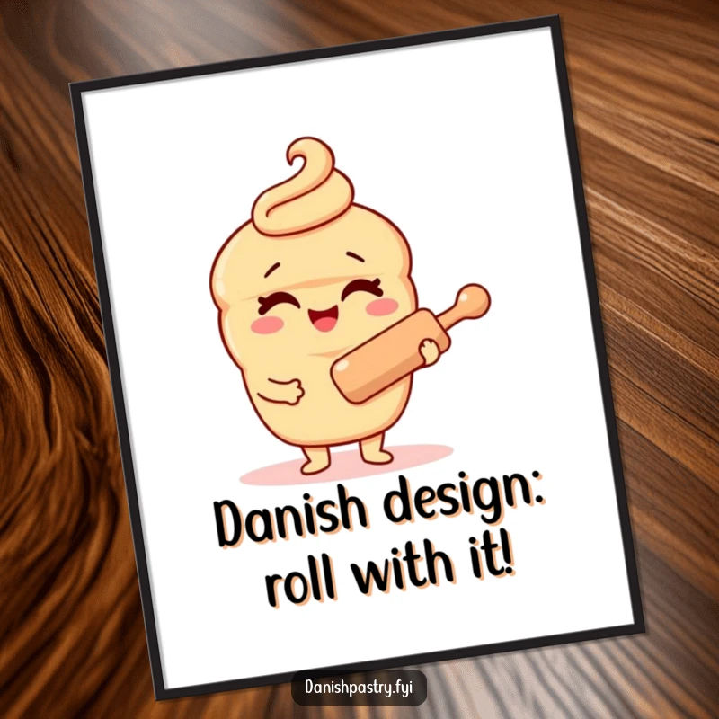 Funny Free Printable Wall Art of a cheerful Danish pastry character winking and holding a rolling pin, adding a dash of humor.
