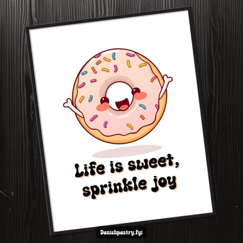 Funny Free Printable Wall Art of a cheerful donut with sprinkles energetically skipping rope, adding joy.