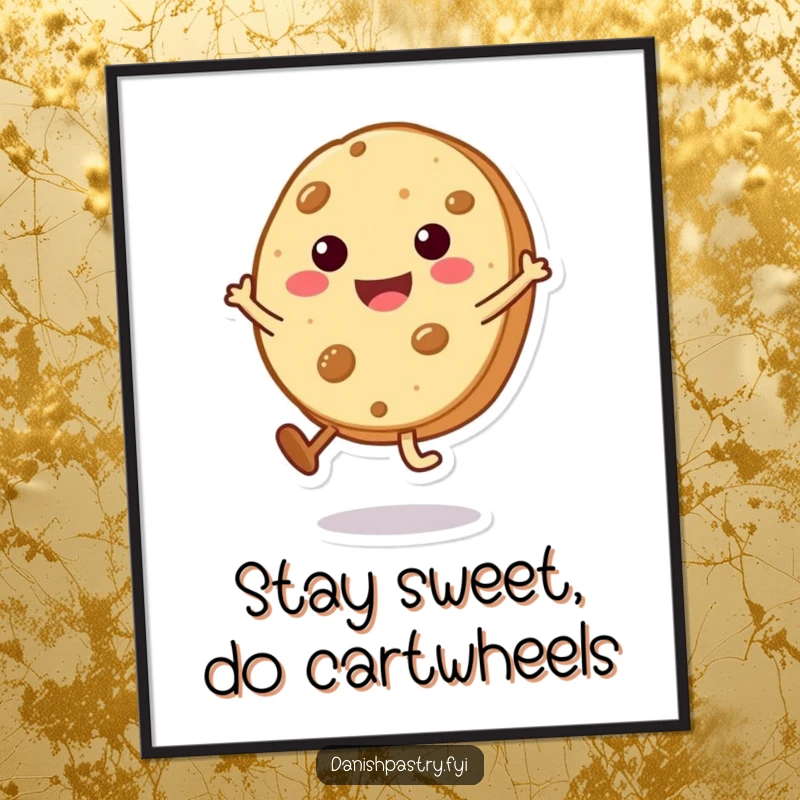 Funny free printable wall art of a cookie character beaming with joy while doing a tiny cartwheel.