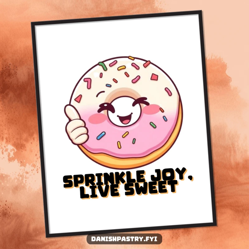 Funny Free Printable Wall Art: A happy donut with colorful sprinkles winks and gives a thumbs up with a wide smile.