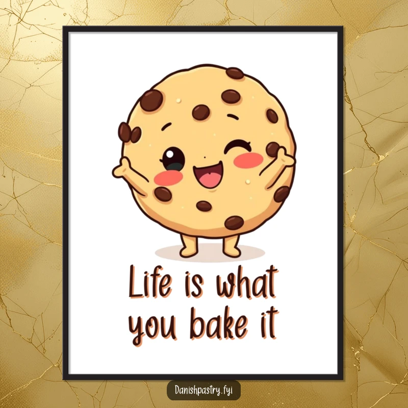 Funny free printable wall art of a happy cookie with chocolate chips striking a silly pose, adding fun decor.