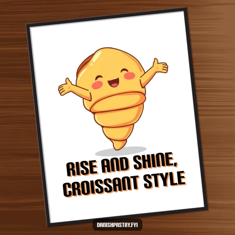 Funny Free Printable Wall Art: A smiling croissant performs a joyful cartwheel with arms outstretched, adding playful energy.