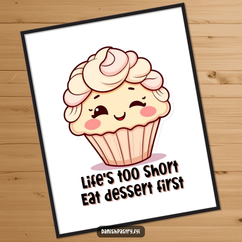 Funny Free Printable Wall Art of a winking cupcake with swirly frosting hair, adding a touch of playful sweetness to any room.