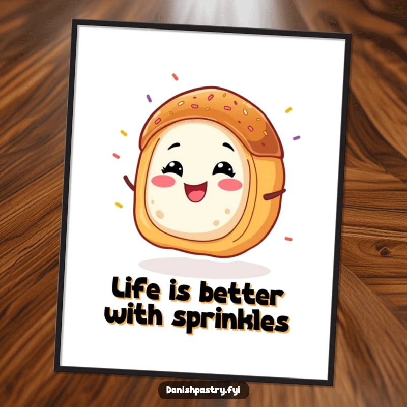 Funny Free Printable Wall Art: Grinning Danish pastry character wiggling with flying sprinkles, adding a pop of color and fun.