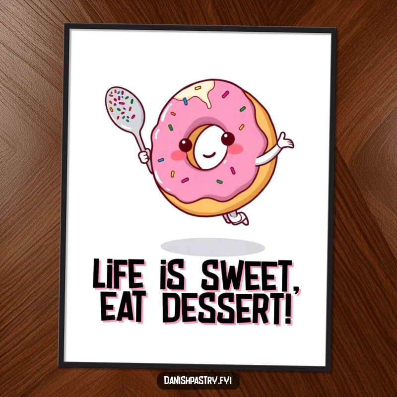Funny Free Printable Donut Wall Art of a smiling donut dancing with a sprinkle-covered spoon, perfect for a cheerful DIY decor gift.