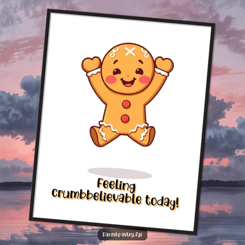 Funny Free Printable Wall Art: A gingerbread person character caught in an exhilarating, celebratory leap, full of motion.