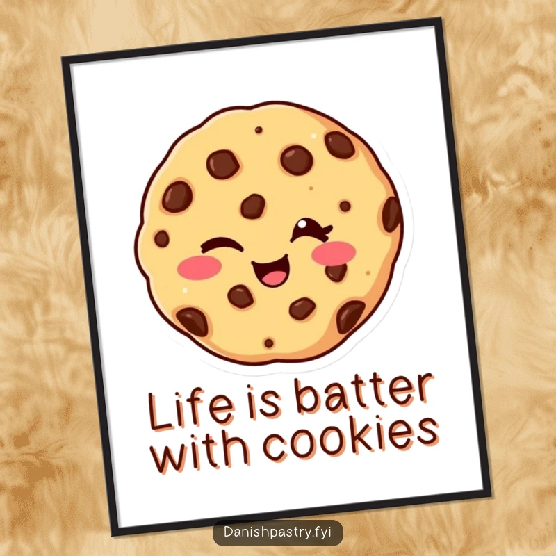Funny Free Printable Wall Art of a giggling chocolate chip cookie giving a playful wink, perfect for kitchen decor.