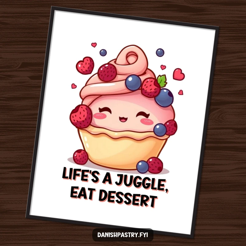 Funny Free Printable Wall Art: Blushing Pastry Juggling Berries, Whimsical & Sweet Downloadable Decor